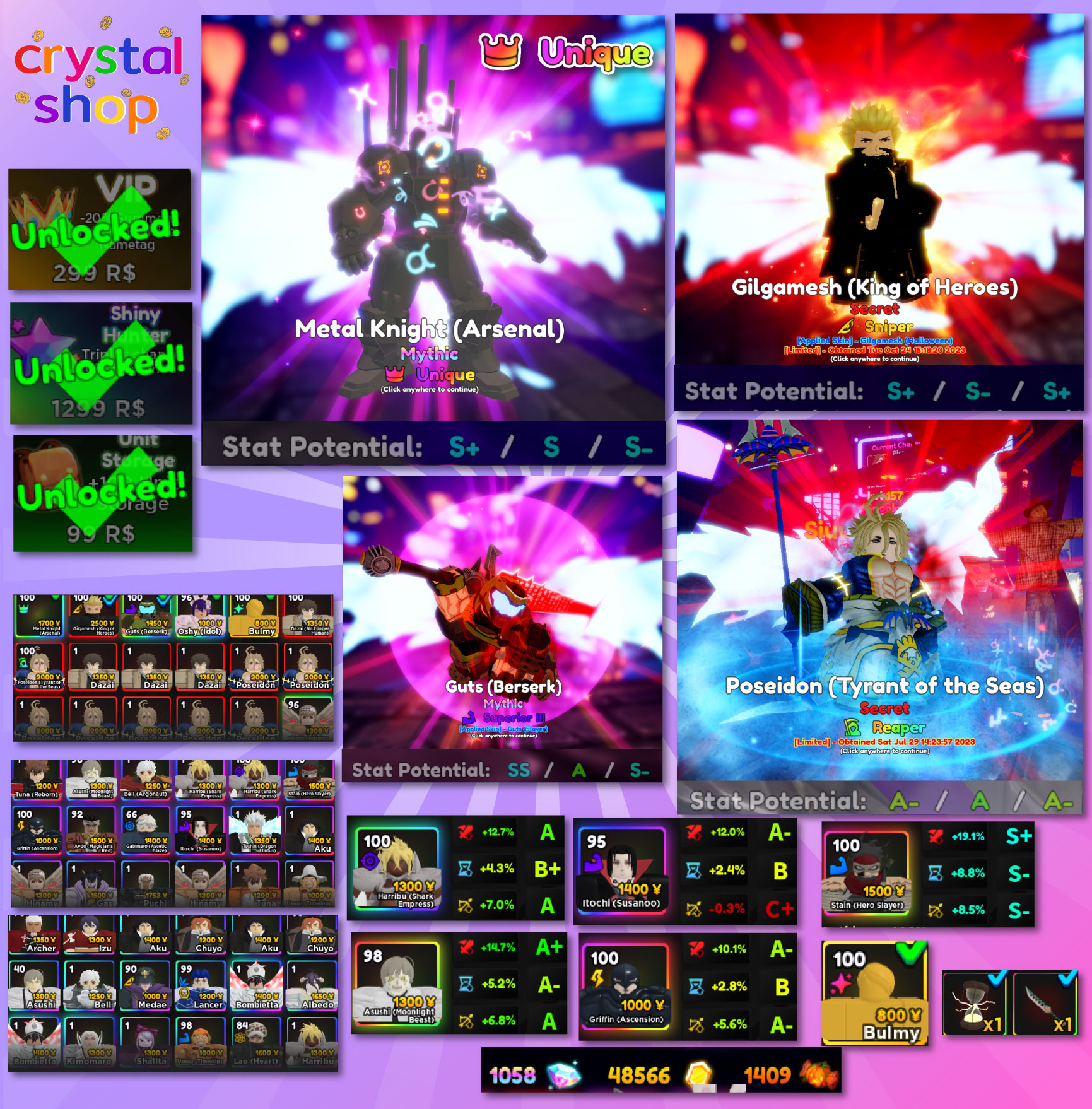 [Anime Adventures/AA] Lv.157 | **ยูนีค** Metal Knight 3S | Gilgamesh(Sniper) 3S+Poseidon(Reaper)+Dazai | Oshy+Golden Bulmy | ไอดีสะอาด